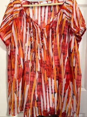Liz Claiborne Red, Orange & White Painterly Stripe Tunic